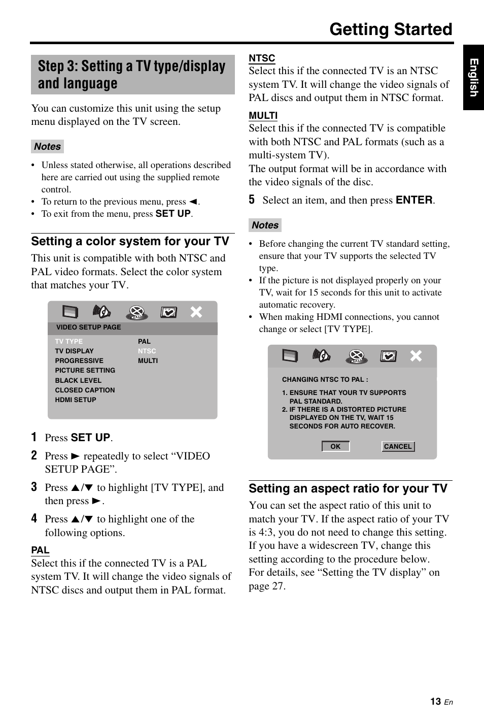 Step 3: setting a tv type/display and language, Setting a color system for your tv, Setting an aspect ratio for your tv | Getting started | Yamaha DVD-S661 User Manual | Page 17 / 46