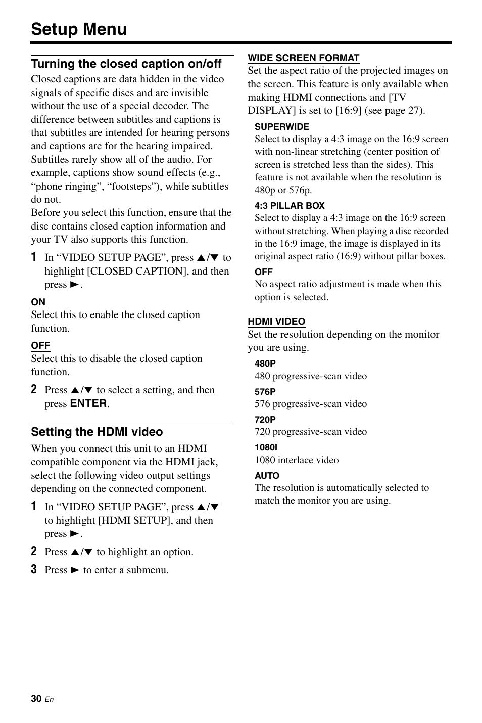 Turning the closed caption on/off, Setting the hdmi video, Setup menu | Yamaha DVD-S661 User Manual | Page 34 / 46