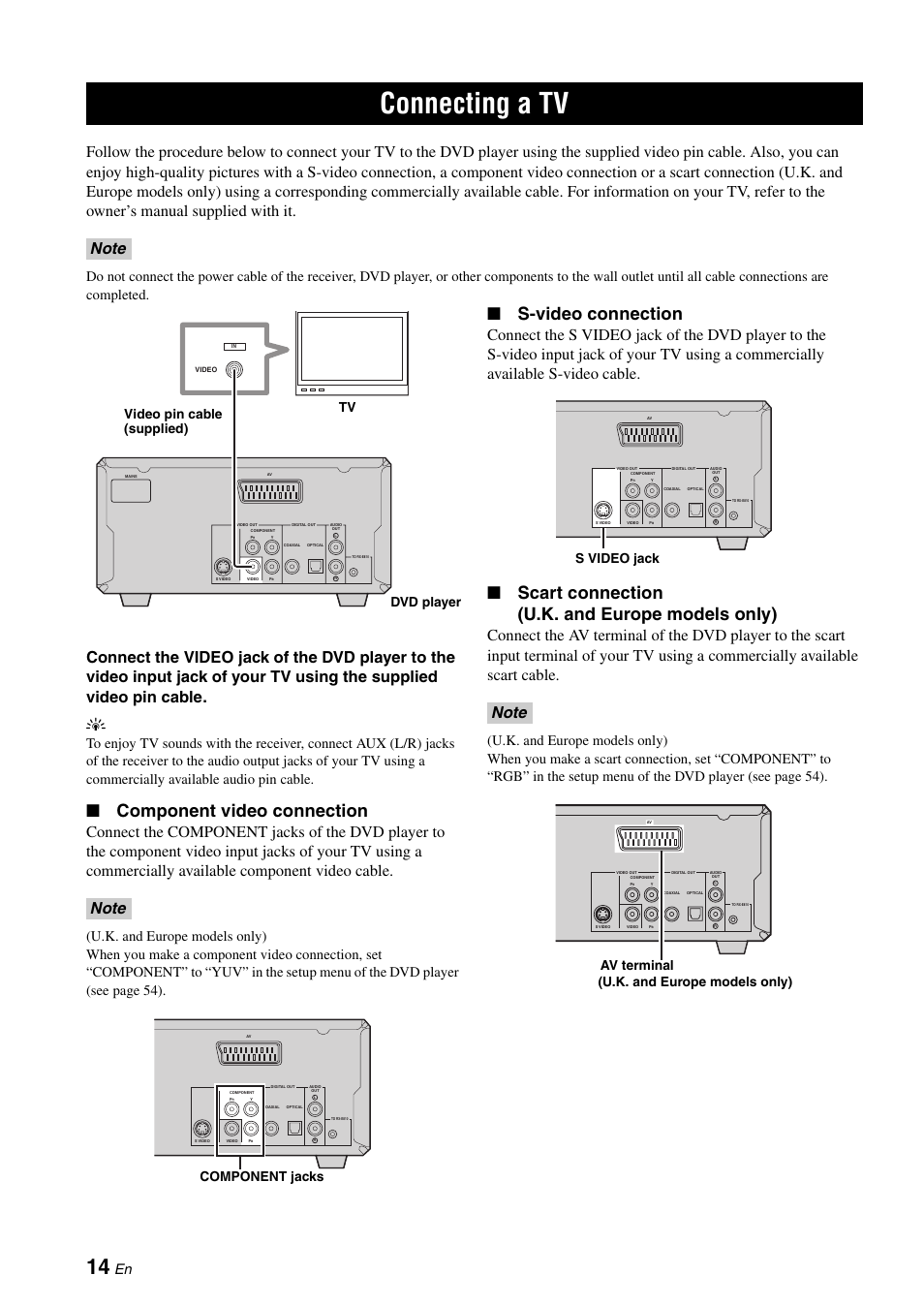 Connecting a tv, Component video connection, S-video connection | Scart connection (u.k. and europe models only), Video pin cable (supplied) dvd player tv, Component jacks, S video jack, U.k. and europe models only) av terminal | Yamaha E810 User Manual | Page 18 / 74