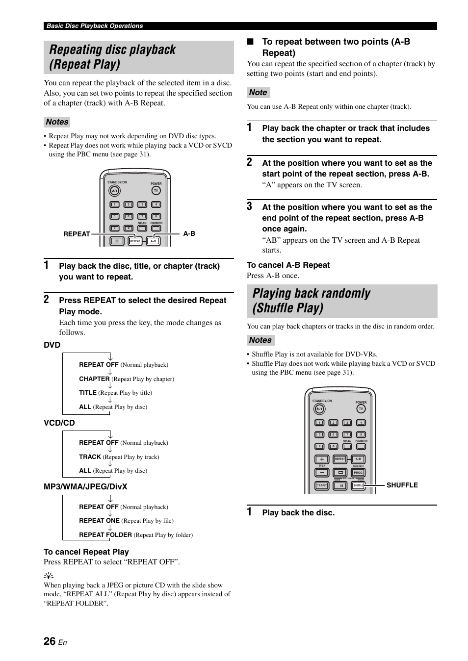 Repeating disc playback (repeat play), Playing back randomly (shuffle play), Vcd/cd | Mp3/wma/jpeg/divx, Play back the disc | Yamaha E810 User Manual | Page 30 / 74