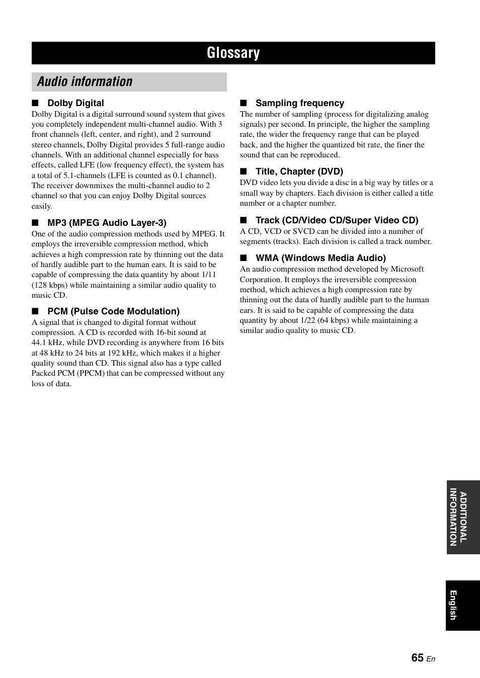 Glossary, Audio information | Yamaha E810 User Manual | Page 69 / 74