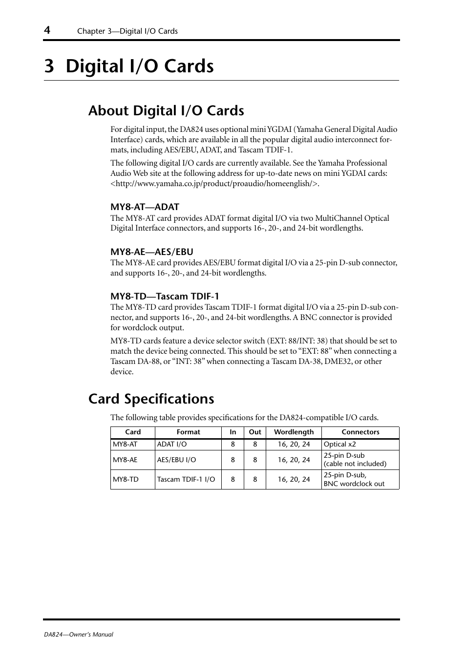 3 digital i/o cards, About digital i/o cards, Card specifications | Digital i/o cards, About digital i/o cards card specifications | Yamaha DA824 User Manual | Page 10 / 19