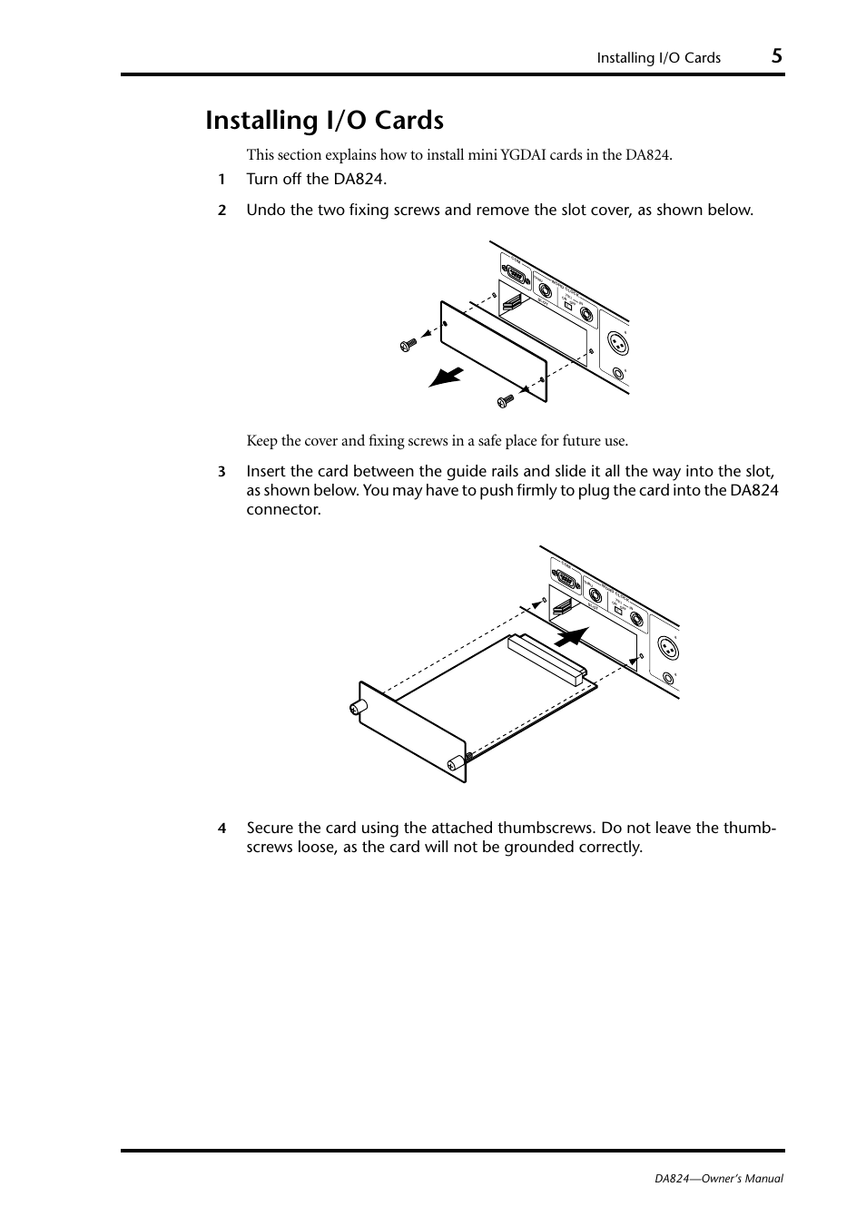 Installing i/o cards, Turn off the da824 | Yamaha DA824 User Manual | Page 11 / 19