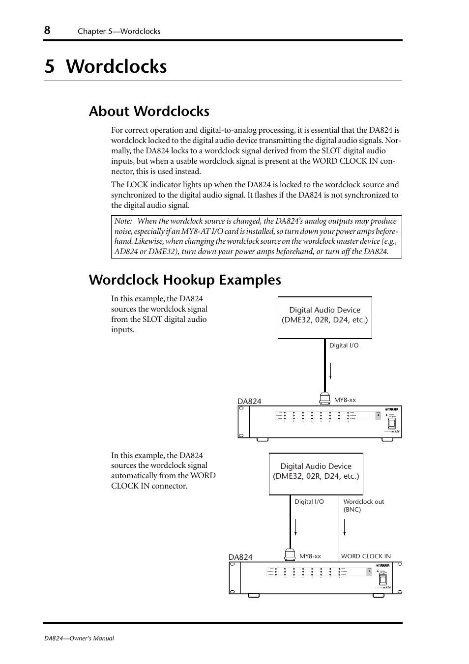 5 wordclocks, About wordclocks, Wordclock hookup examples | Wordclocks, About wordclocks wordclock hookup examples, Chapter 5—wordclocks, Da824, Da converter, Da824—owner’s manual, My8-xx digital i/o | Yamaha DA824 User Manual | Page 14 / 19