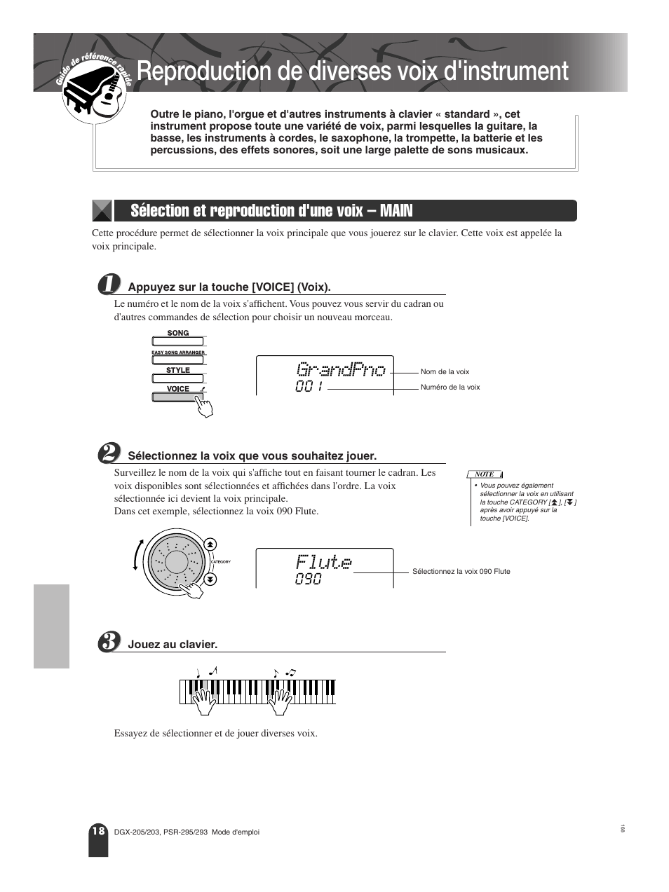 Reproduction de diverses voix d'instrument, Sélection et reproduction d'une voix - main, Sélection et reproduction d'une voix – main | Grandpno, Flute | Yamaha PORTATONE PSR-295 User Manual | Page 18 / 98