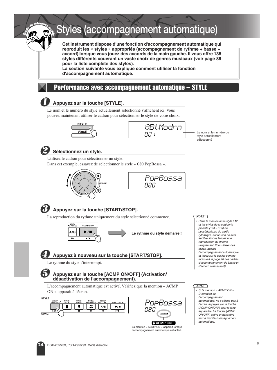 Styles (accompagnement automatique), Performance avec accompagnement automatique, Style | 8btmodrn, Popbossa | Yamaha PORTATONE PSR-295 User Manual | Page 24 / 98