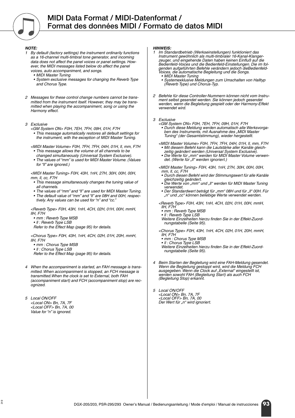 Format des données midi | Yamaha PORTATONE PSR-295 User Manual | Page 93 / 98