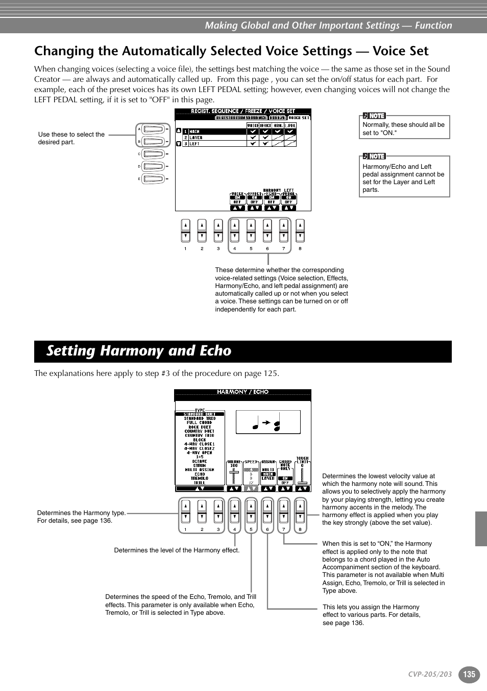 Setting harmony and echo, Changing the automatically selected voice settings, Voice set | Harmony/echo 135 | Yamaha 205M  EN User Manual | Page 135 / 170