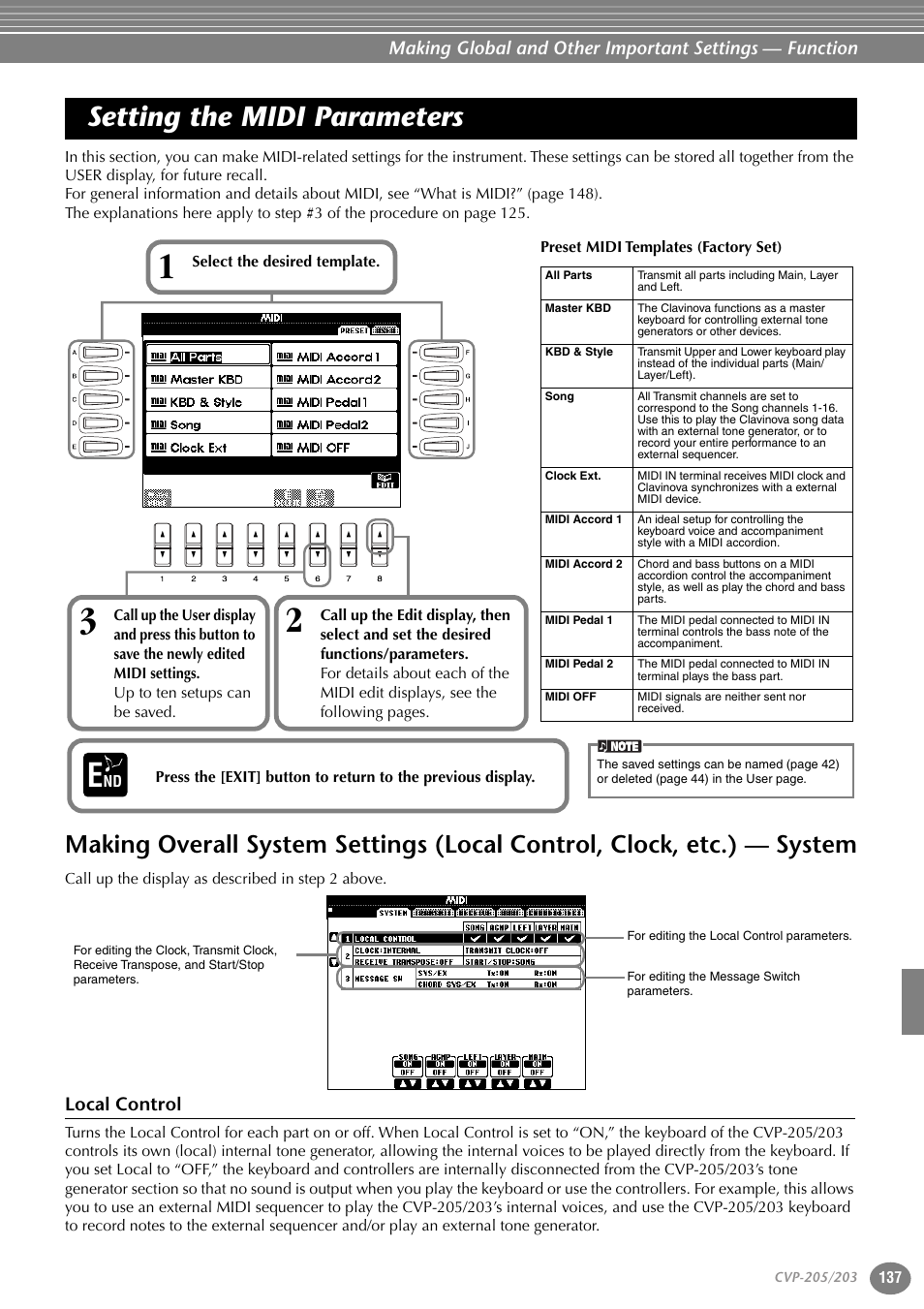 Setting the midi parameters, Local control, Making overall system settings | Local control, clock, etc.) — system | Yamaha 205M  EN User Manual | Page 137 / 170