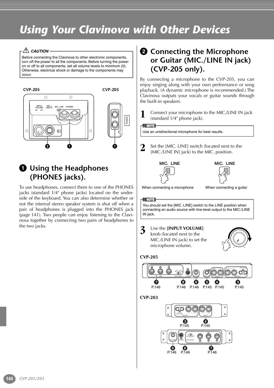 Using your clavinova with other devices, 1 using the headphones (phones jacks), Mic./line in jack) (cvp-205 only) | P. 144, Mic. line | Yamaha 205M  EN User Manual | Page 144 / 170