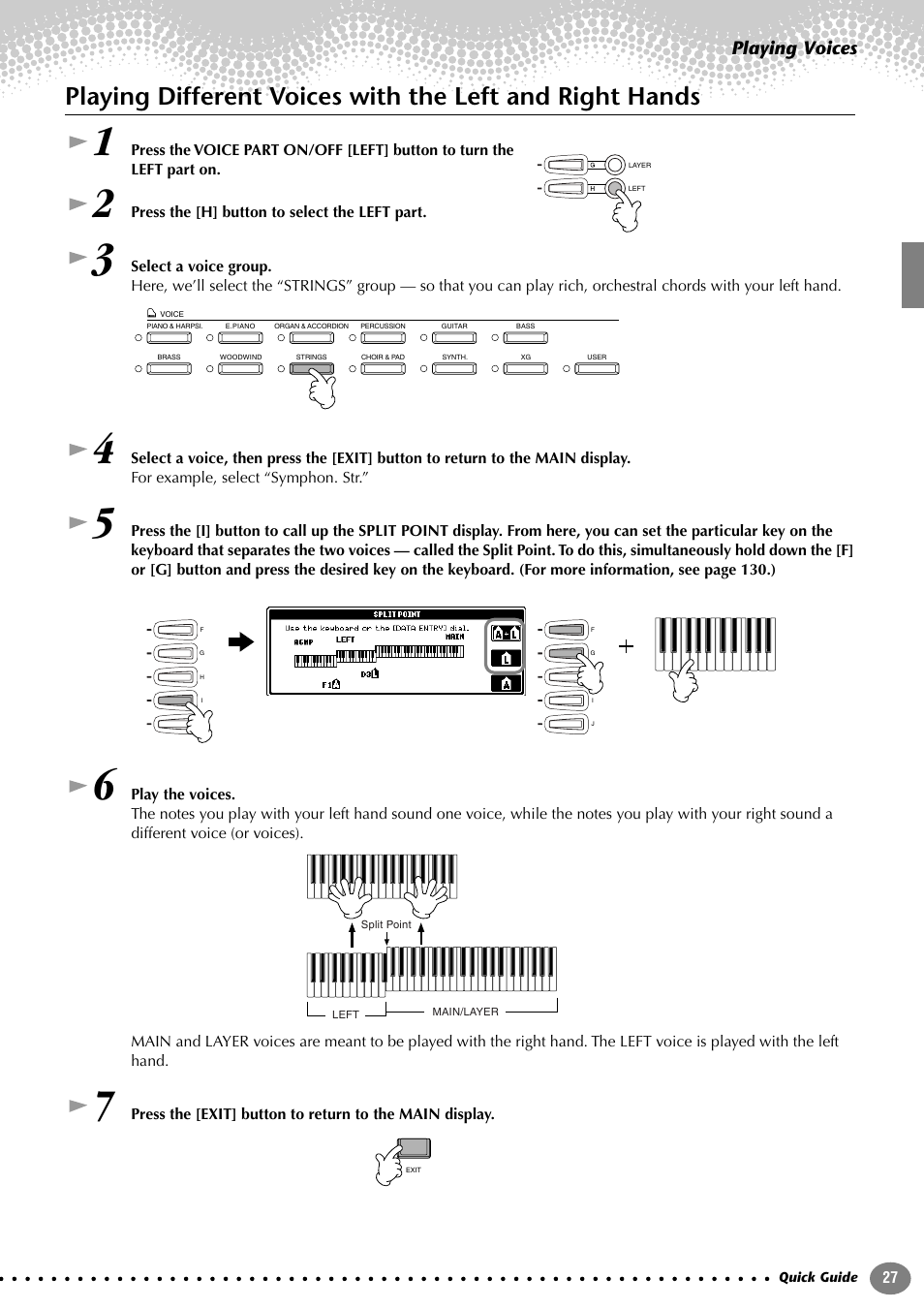 Playing different voices with the left, And right hands, Playing voices | Yamaha 205M  EN User Manual | Page 27 / 170