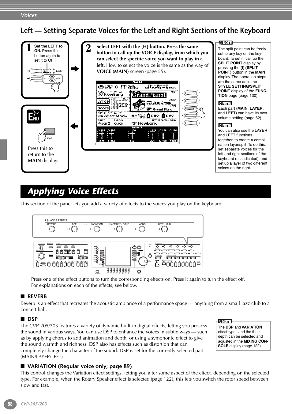 Applying voice effects, Reverb, Left — setting separate voices for the left | And right sections of the keyboard, P. 58, Voices, Varia tion (regular voice only; page 89), Nd press this to return to the main display, New song, Sync.start reset | Yamaha 205M  EN User Manual | Page 58 / 170