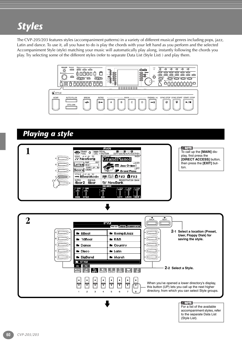 Styles, Playing a style, New song | Sync.start reset, Reset, Ab c d e, Part, Fg h i j, 2 select a style, Ab c d | Yamaha 205M  EN User Manual | Page 60 / 170