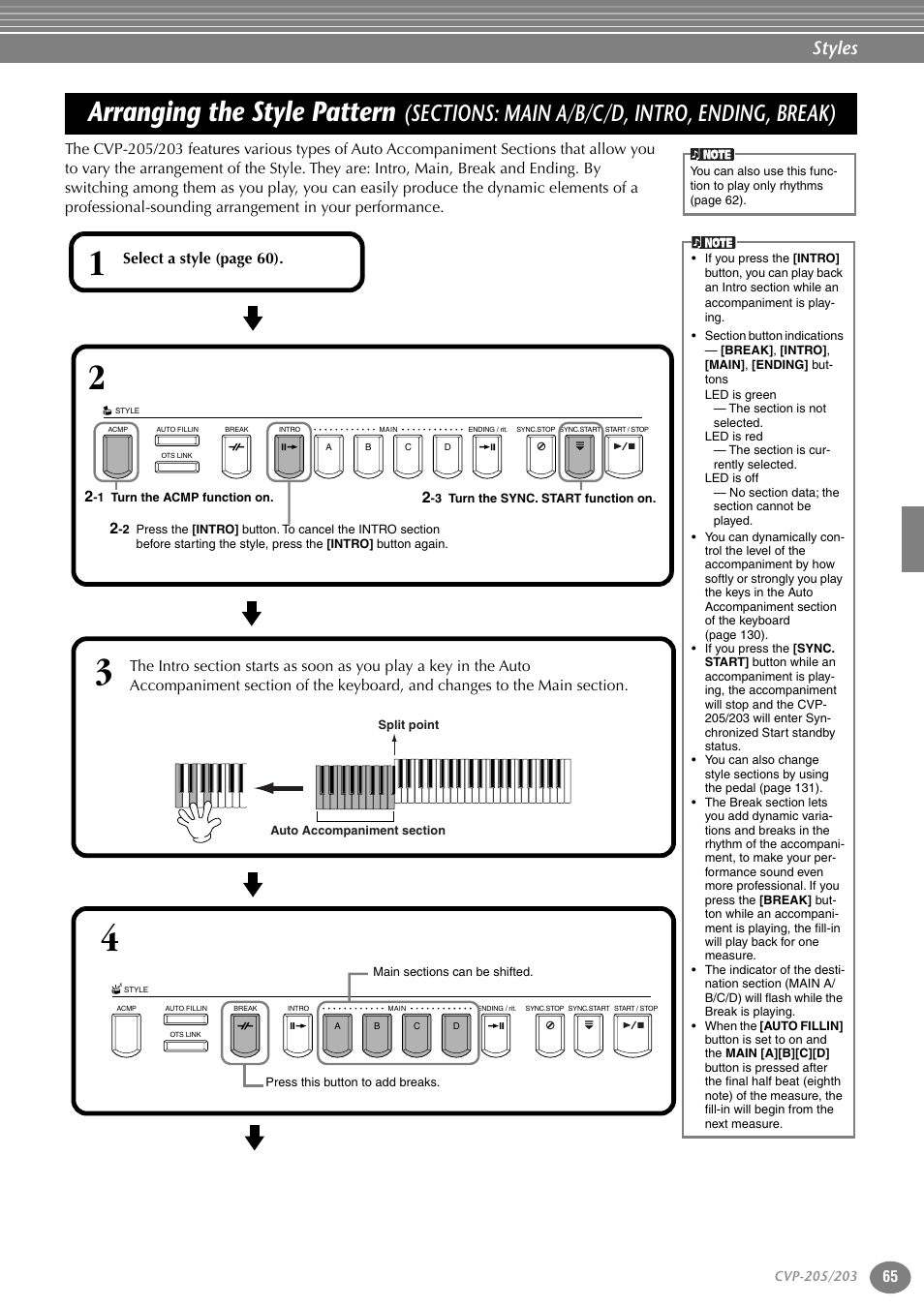 Arranging the style pattern (sections, Main a/b/c/d, intro, ending, break), P. 65 | Arranging the style pattern, Styles | Yamaha 205M  EN User Manual | Page 65 / 170