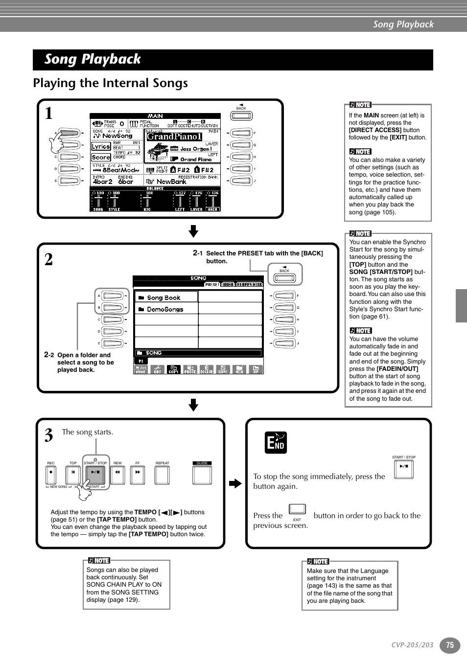 Song playback, Playing the internal songs, P. 75 | Yamaha 205M  EN User Manual | Page 75 / 170