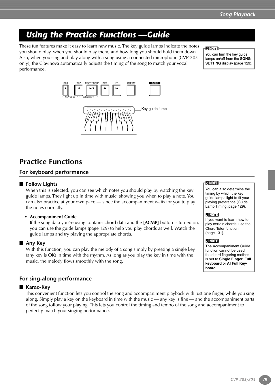 Using the practice functions —guide, Practice functions, For keyboard performance | Follow lights, Any key, For sing-along performance, Karao-key, P. 79, Song playback | Yamaha 205M  EN User Manual | Page 79 / 170