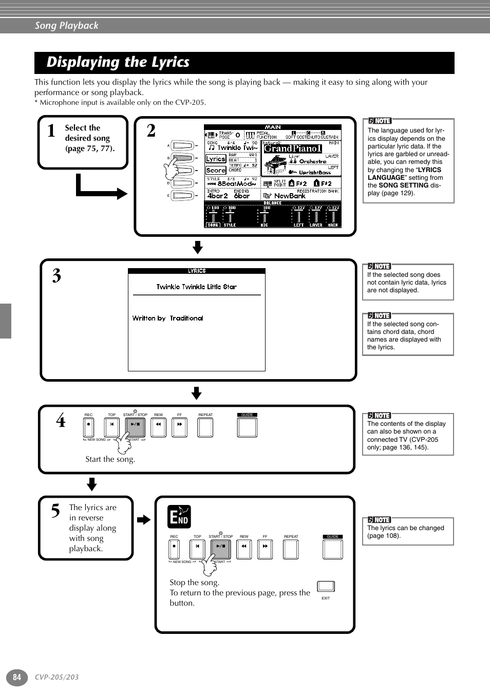 Displaying the lyrics, Song playback | Yamaha 205M  EN User Manual | Page 84 / 170