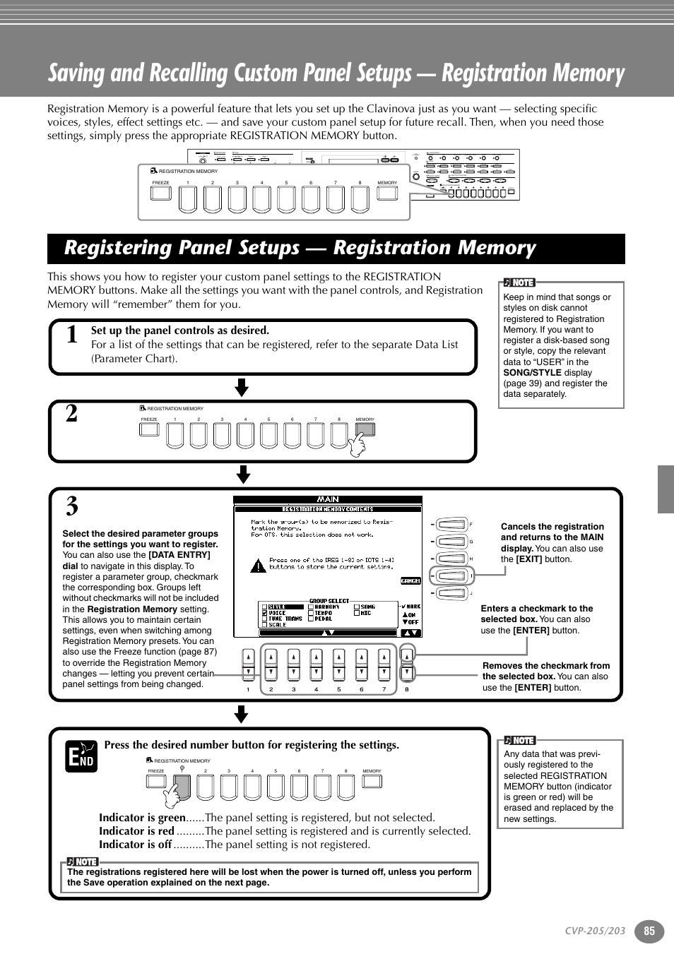 Registering panel setups — registration memory, Registering panel setups, Registration memory | P. 85, Acmp max auto fillin, On off, Fade in / out, Start stop ots link break intro, Sync.start reset main tap tempo, Direct access | Yamaha 205M  EN User Manual | Page 85 / 170