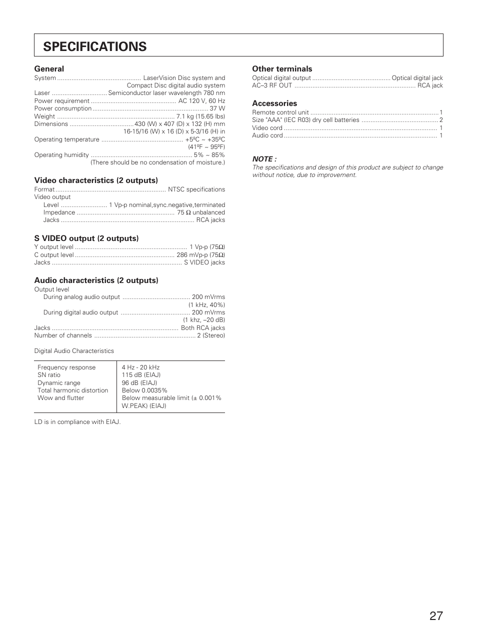 Specifications, English | Yamaha CDV-W901 User Manual | Page 27 / 28