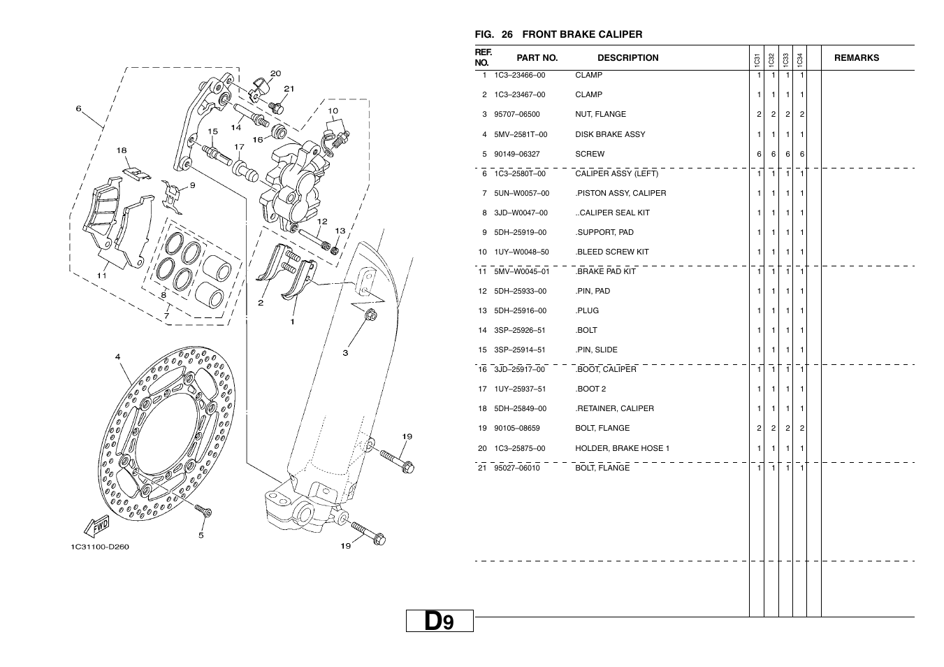 Front brake caliper | Yamaha YZ125T1 User Manual | Page 43 / 58