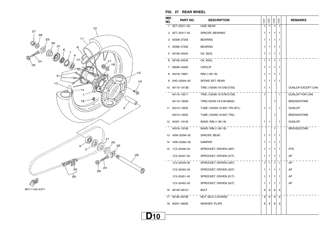 Rear wheel | Yamaha YZ125T1 User Manual | Page 44 / 58