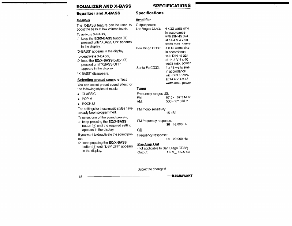 X-bass, Amplifier, Tuner | Amplifier tuner, Specifications | Yamaha San Diego CD32 User Manual | Page 18 / 29