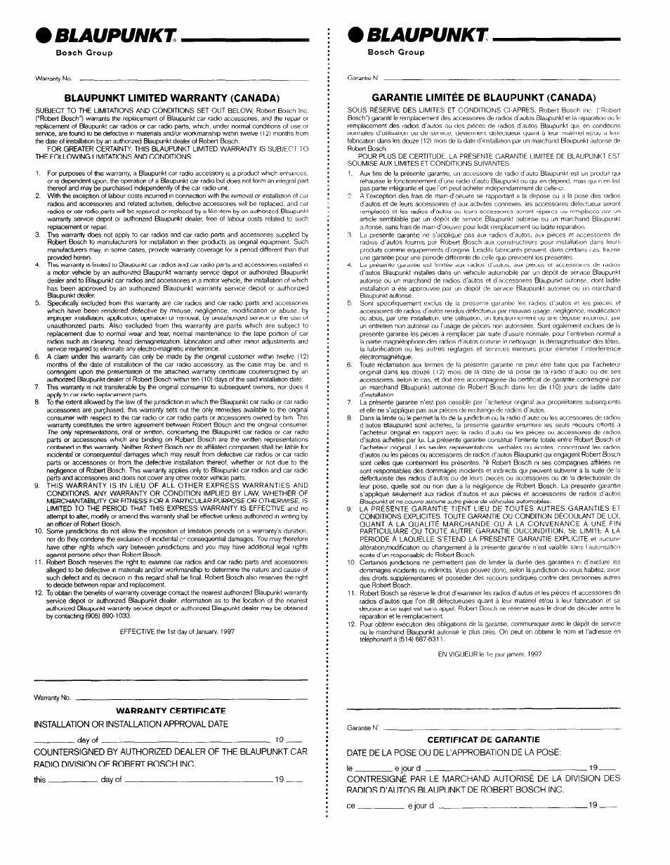 M blaupunkt, Ш blaupunkt, Blaupunkt limited warranty (canada) | Garantie limitée de blaupunkt (canada), Sous | Yamaha San Diego CD32 User Manual | Page 26 / 29