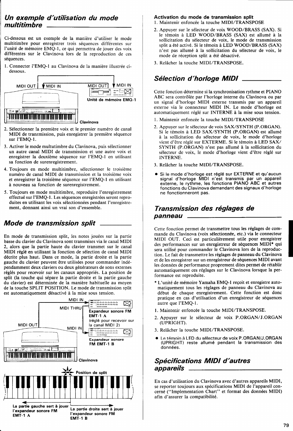 Activation du mode de transmission spiit, Un exemple d'utilisation du mode muititimbre, Mode de transmission split | Sélection d'horioge midi, Transmission des réglages de panneau, Spécifications midi d'autres appareils | Yamaha Clavinova CVP-70 User Manual | Page 33 / 40