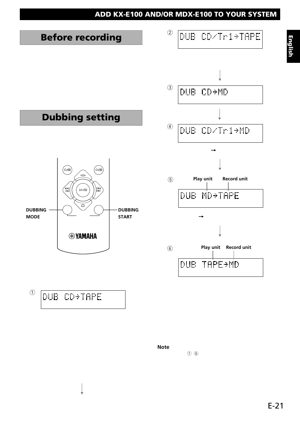 Before recording, Dubbing setting, E-21 | Yamaha RX-E100 User Manual | Page 25 / 30