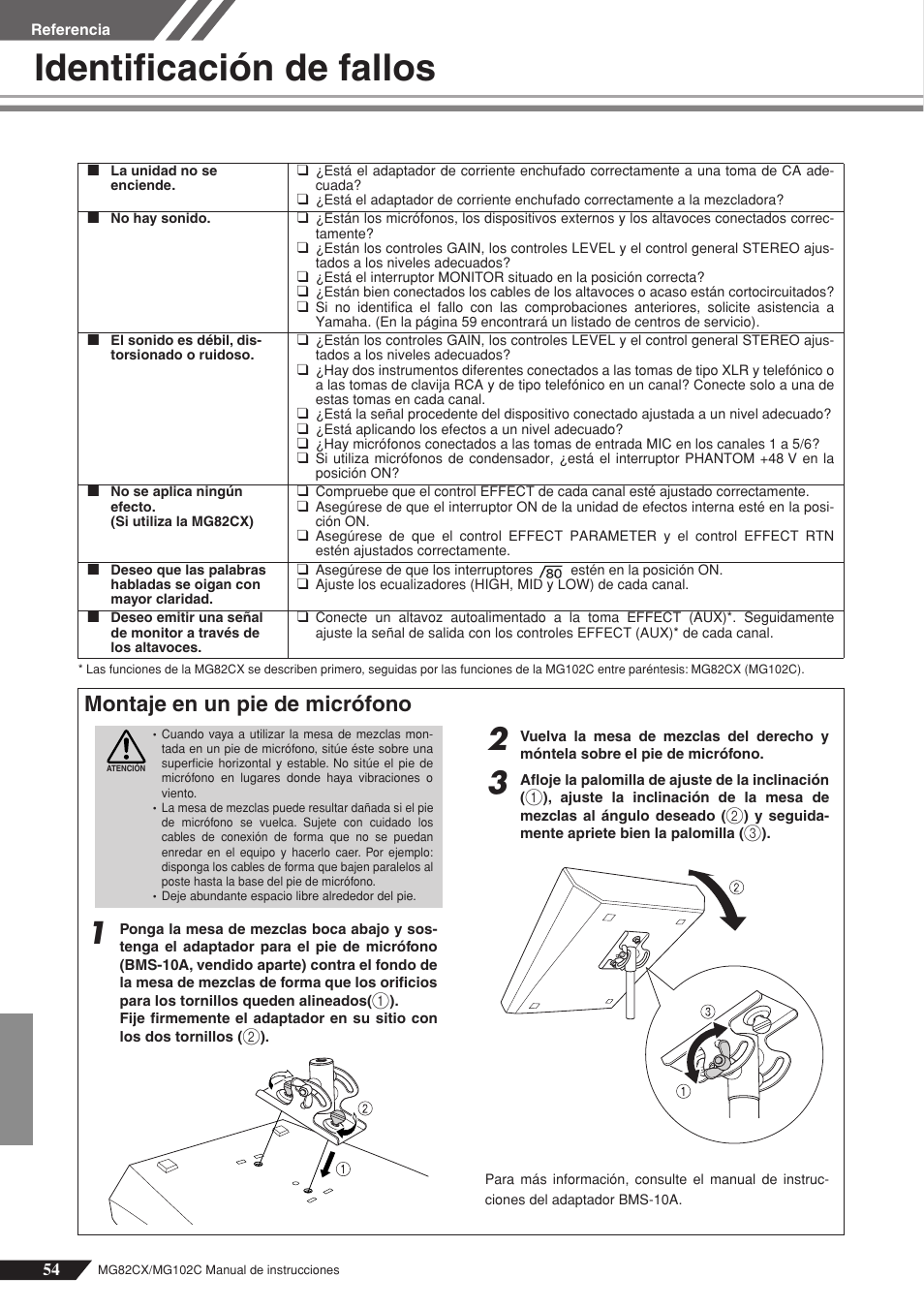 Identificación de fallos, Montaje en un pie de micrófono | Yamaha MG102Cc User Manual | Page 15 / 21
