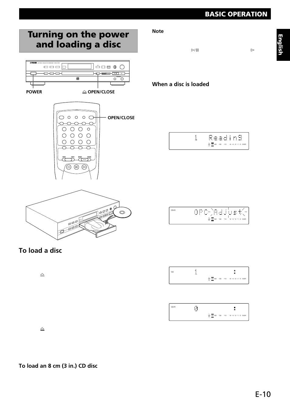 Basic operation, Turning on the power and loading a disc, E-10 | Basic operation to load a disc 1, English, When a disc is loaded, Digital/analog min max 0 10 optical coaxial analog, Open/close, Open/close power | Yamaha CDR-S1000 User Manual | Page 13 / 38