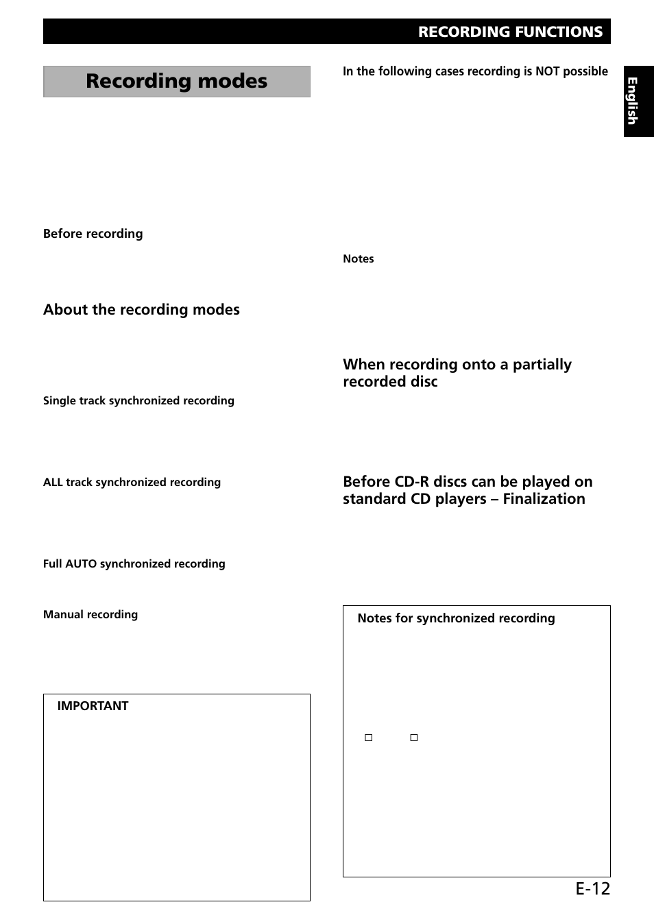 Recording functions, Recording modes, E-12 | About the recording modes, When recording onto a partially recorded disc | Yamaha CDR-S1000 User Manual | Page 15 / 38