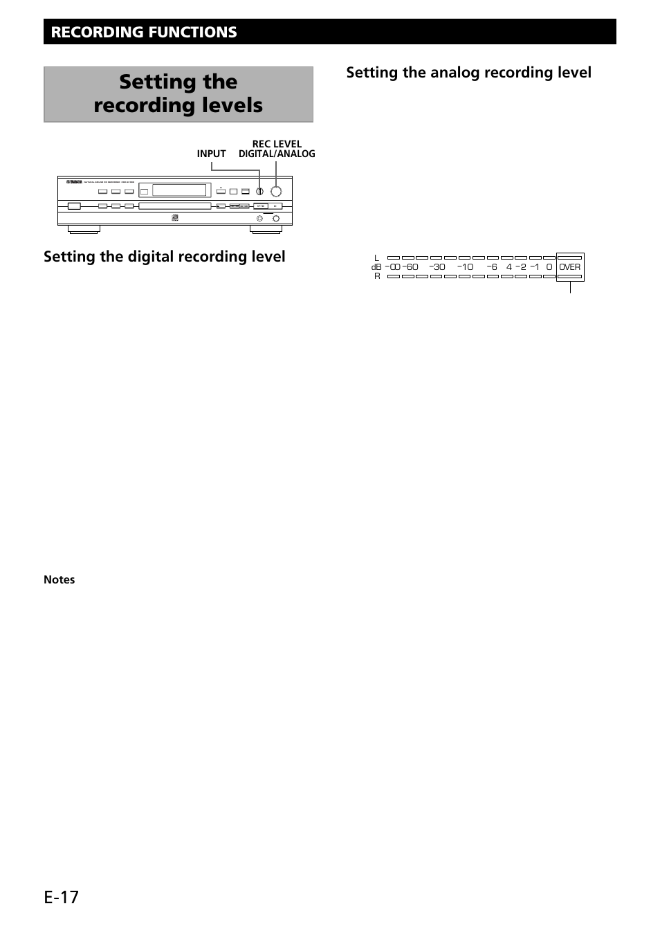 Setting the recording levels, E-17, Setting the analog recording level | Should not light | Yamaha CDR-S1000 User Manual | Page 20 / 38