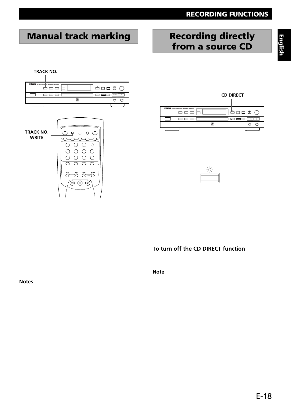 Manual track marking, Recording directly from a source cd, E-18 | Recording functions, English, Digital/analog min max 0 10 optical coaxial analog, Track no. write track no, Cd direct | Yamaha CDR-S1000 User Manual | Page 21 / 38