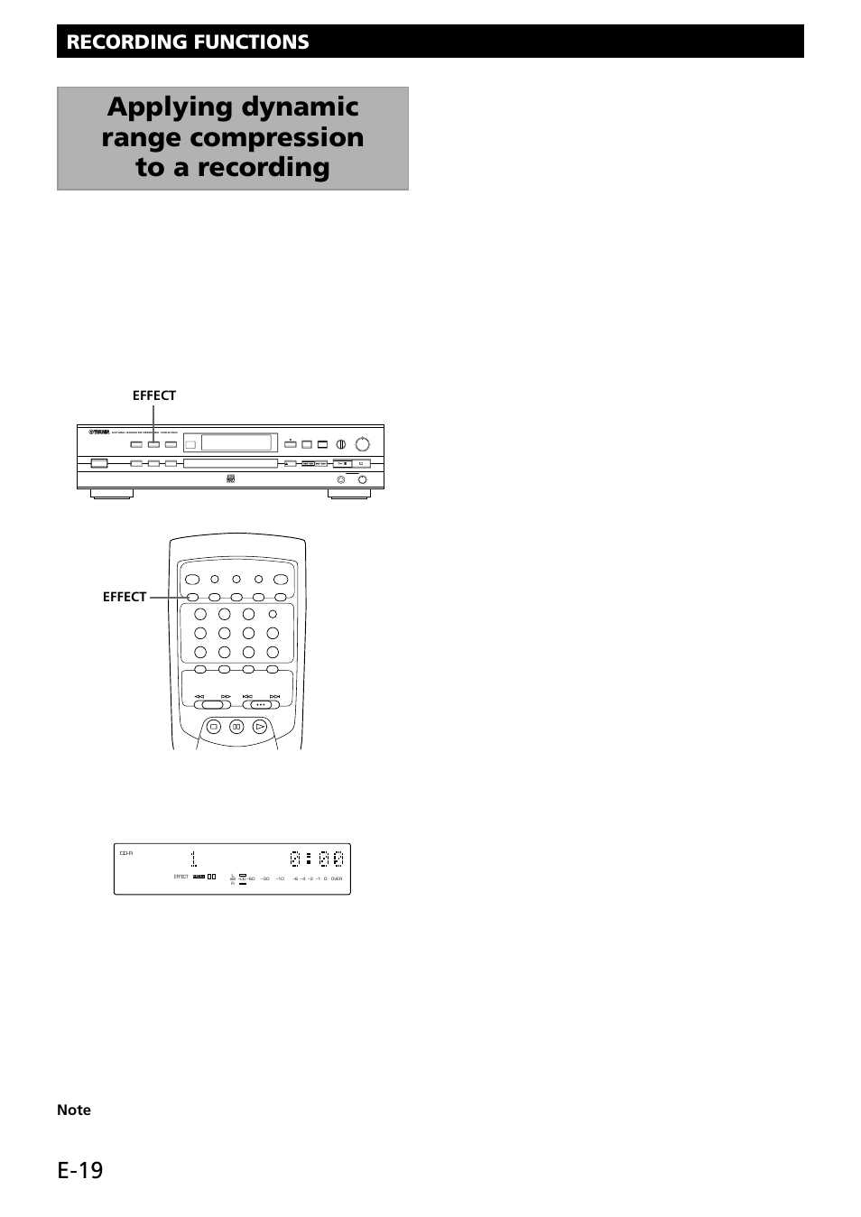 Applying dynamic range compression to a recording, E-19, Recording functions | Digital/analog min max 0 10 optical coaxial analog, Effect | Yamaha CDR-S1000 User Manual | Page 22 / 38