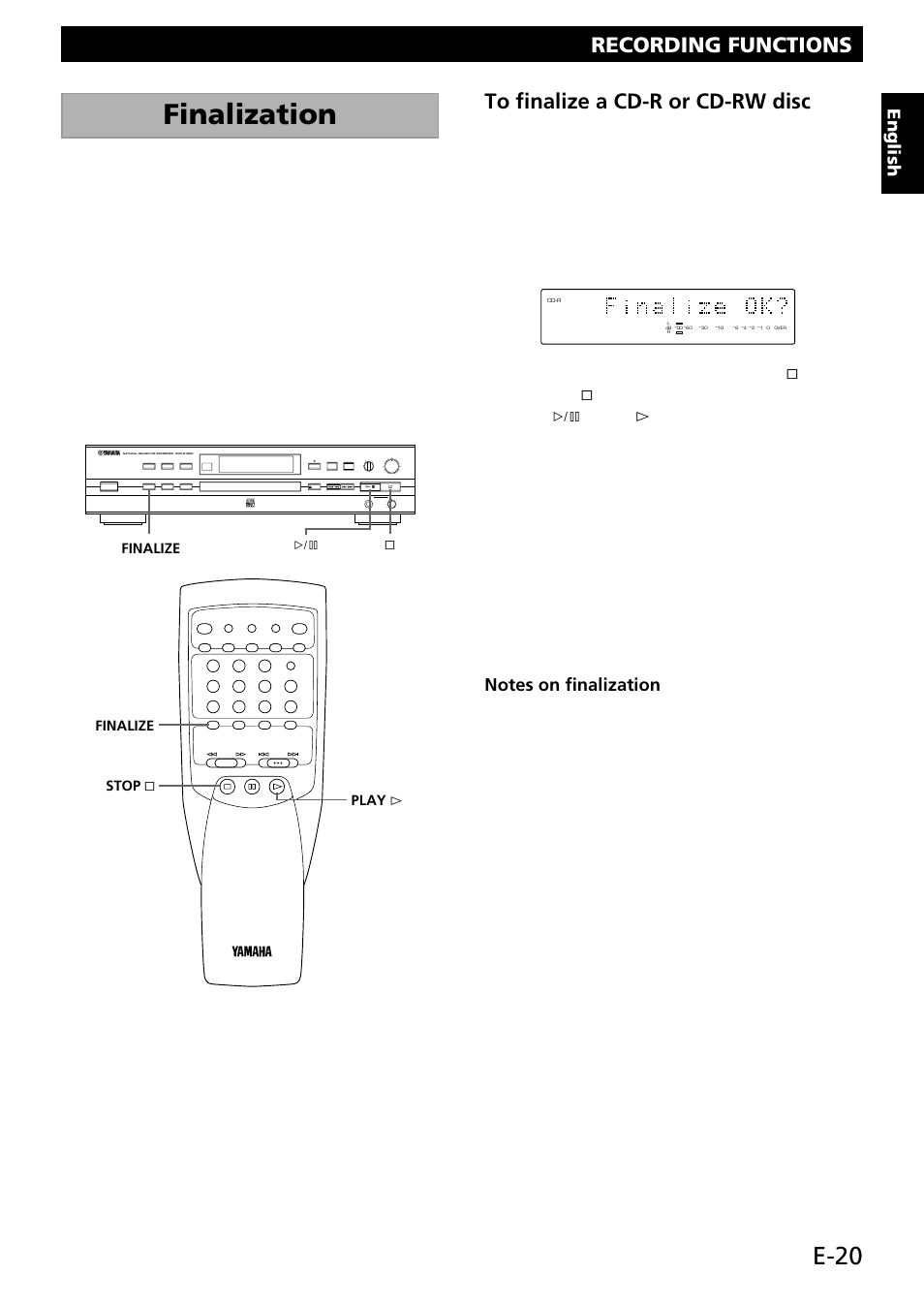 Finalization, E-20, Recording functions | English, Digital/analog min max 0 10 optical coaxial analog, Finalize finalize stop & & play | Yamaha CDR-S1000 User Manual | Page 23 / 38