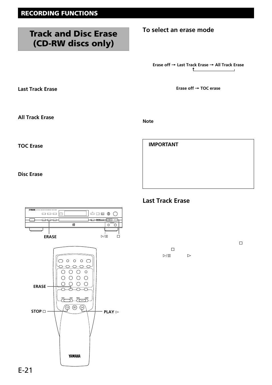 Track and disc erase (cd-rw discs only), E-21, Recording functions | Last track erase 1, Last track erase, All track erase, Toc erase, Disc erase, Important, Finalized cd-rw discs | Yamaha CDR-S1000 User Manual | Page 24 / 38