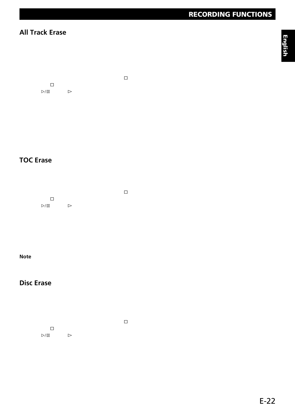 E-22, Recording functions, All track erase 1 | Toc erase 1, Disc erase 1 | Yamaha CDR-S1000 User Manual | Page 25 / 38