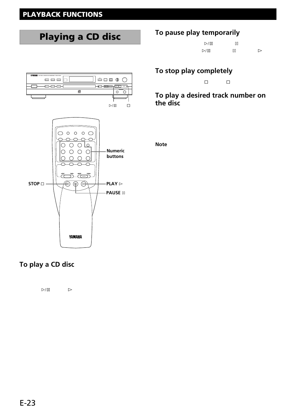 Playback functions, Playing a cd disc, E-23 | During playback, press & ( stop & on the remote) | Yamaha CDR-S1000 User Manual | Page 26 / 38