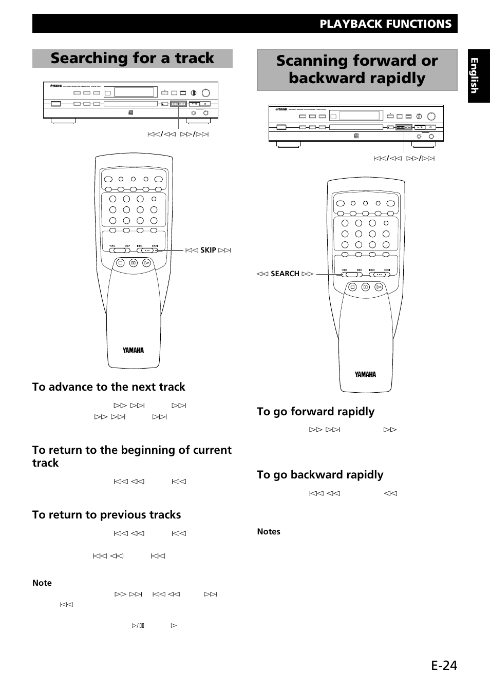 Searching for a track, Scanning forward or backward rapidly, E-24 | Playback functions, English, Digital/analog min max 0 10 optical coaxial analog, Skip › ! search | Yamaha CDR-S1000 User Manual | Page 27 / 38