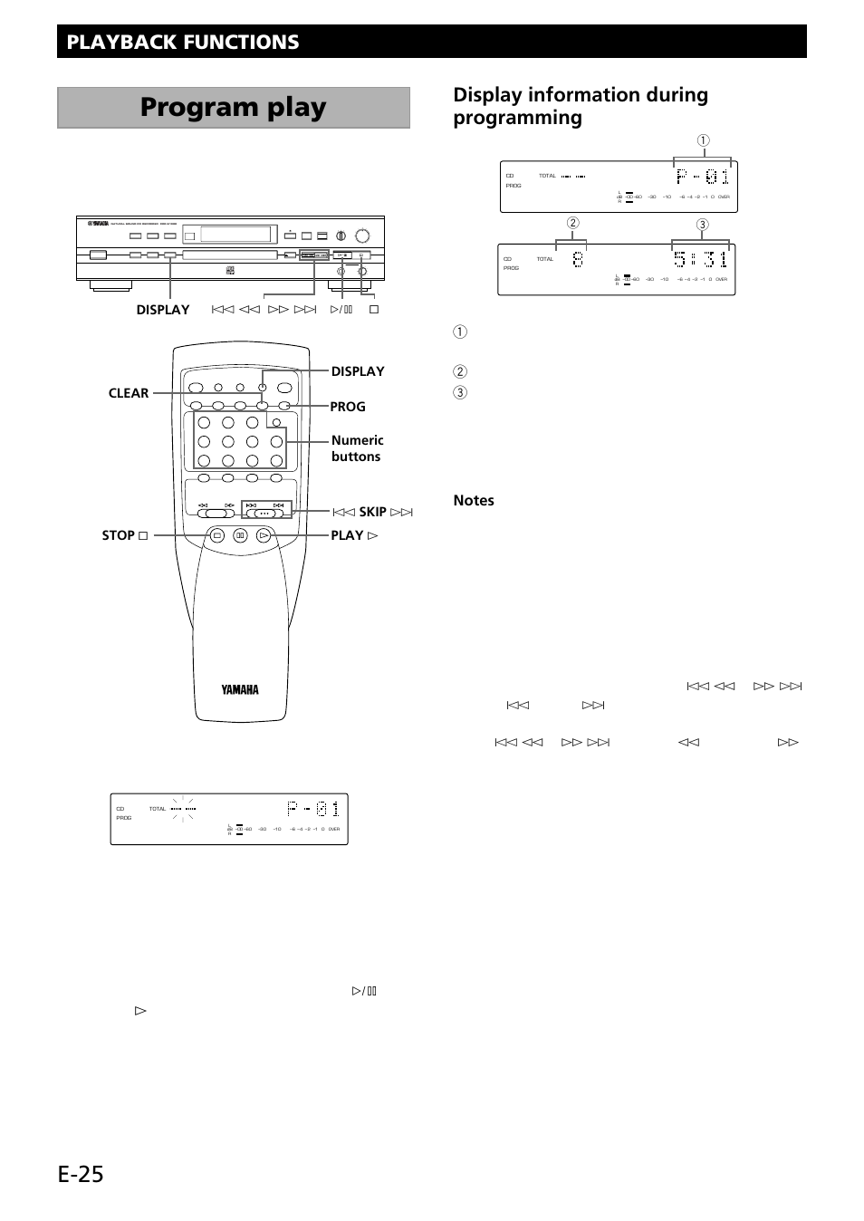 Program play, E-25, Playback functions | Display information during programming, Digital/analog min max 0 10 optical coaxial analog, Clear, 3play | Yamaha CDR-S1000 User Manual | Page 28 / 38