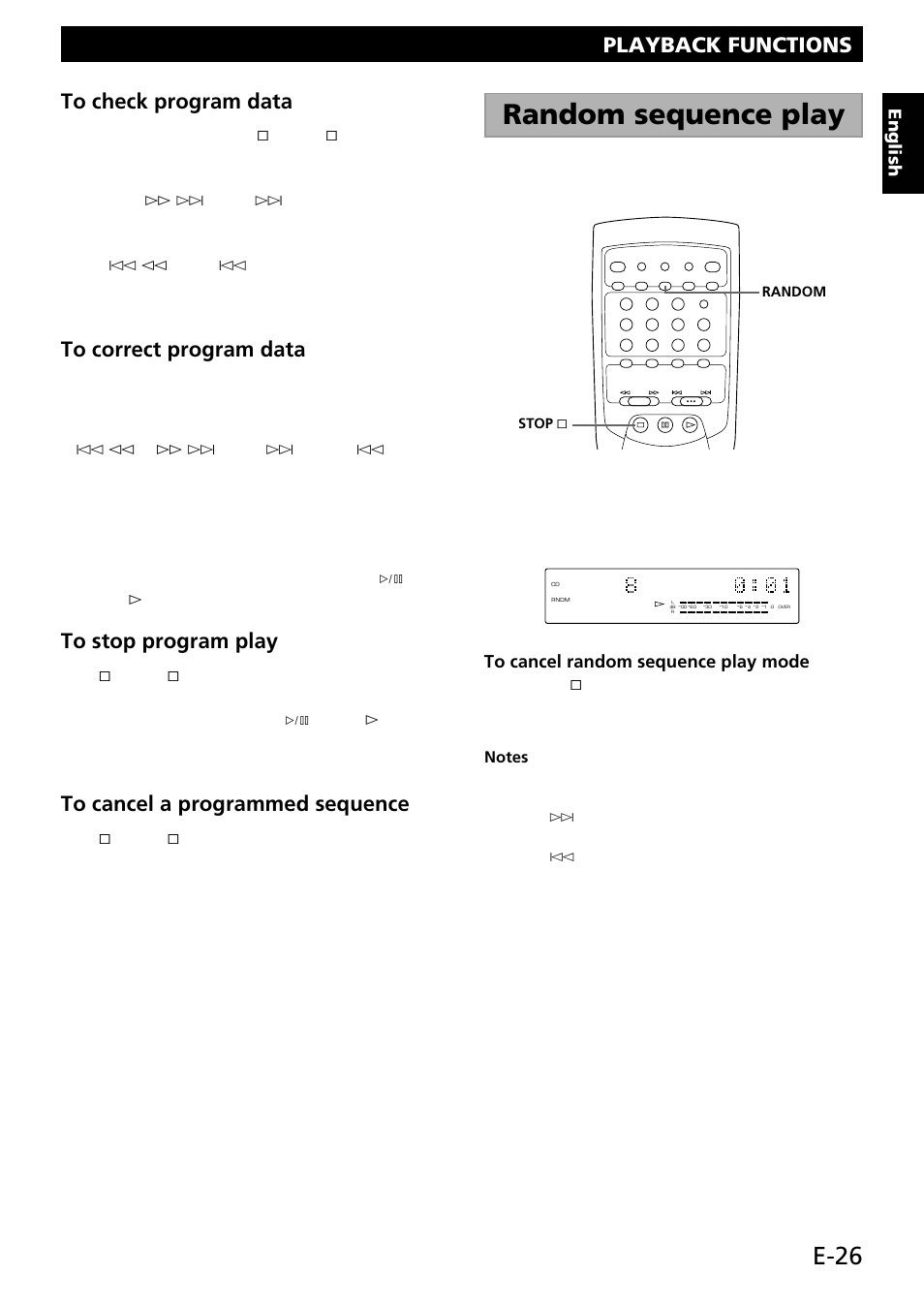 Random sequence play, E-26, Playback functions | English, Play # or prog on the remote) | Yamaha CDR-S1000 User Manual | Page 29 / 38