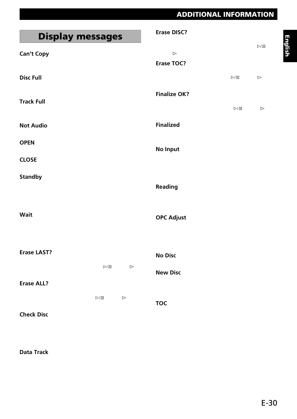 Display messages, E-30, Additional information | Yamaha CDR-S1000 User Manual | Page 33 / 38