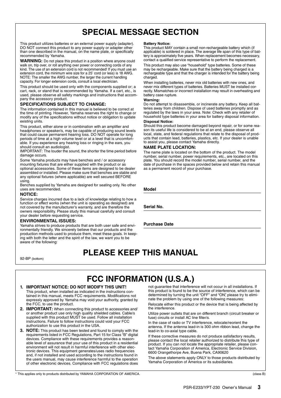 Please keep this manual, Fcc information (u.s.a.) | Yamaha YPT-230 User Manual | Page 3 / 48