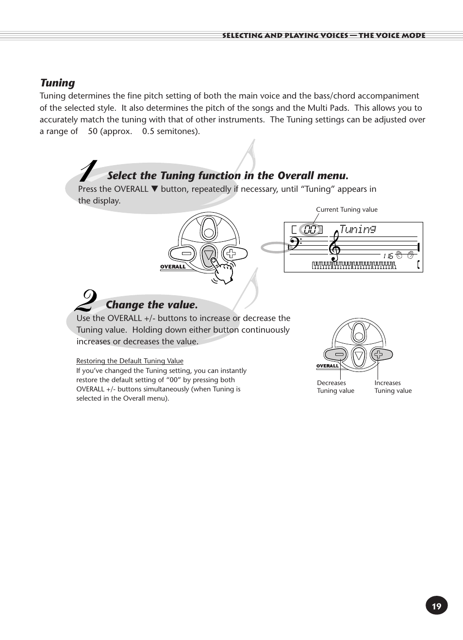 Tuning, Select the tuning function in the overall menu, Change the value | Yamaha PORTATONE PSR-140 User Manual | Page 19 / 52