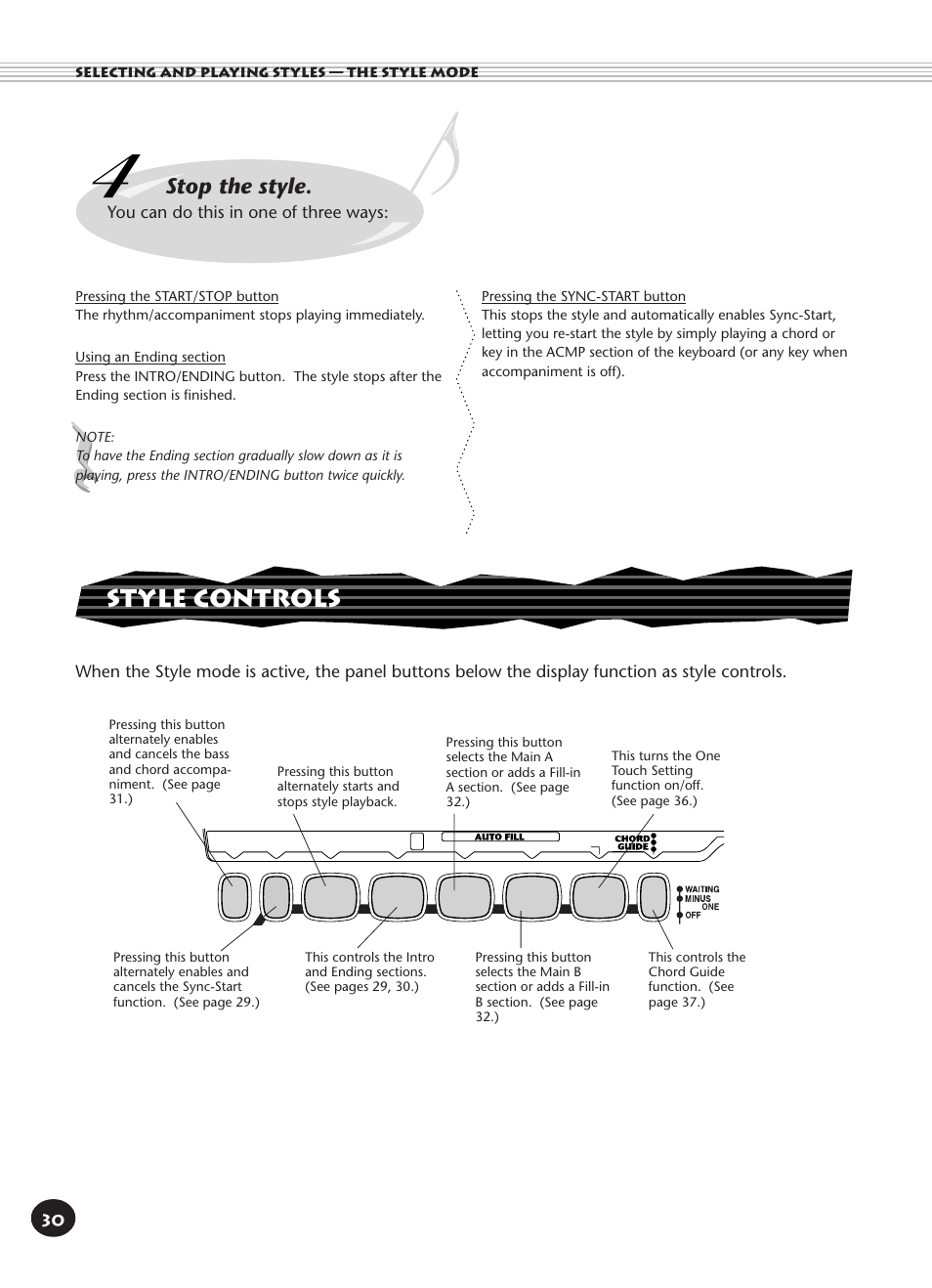 Style controls, Stop the style, You can do this in one of three ways | Yamaha PORTATONE PSR-140 User Manual | Page 30 / 52