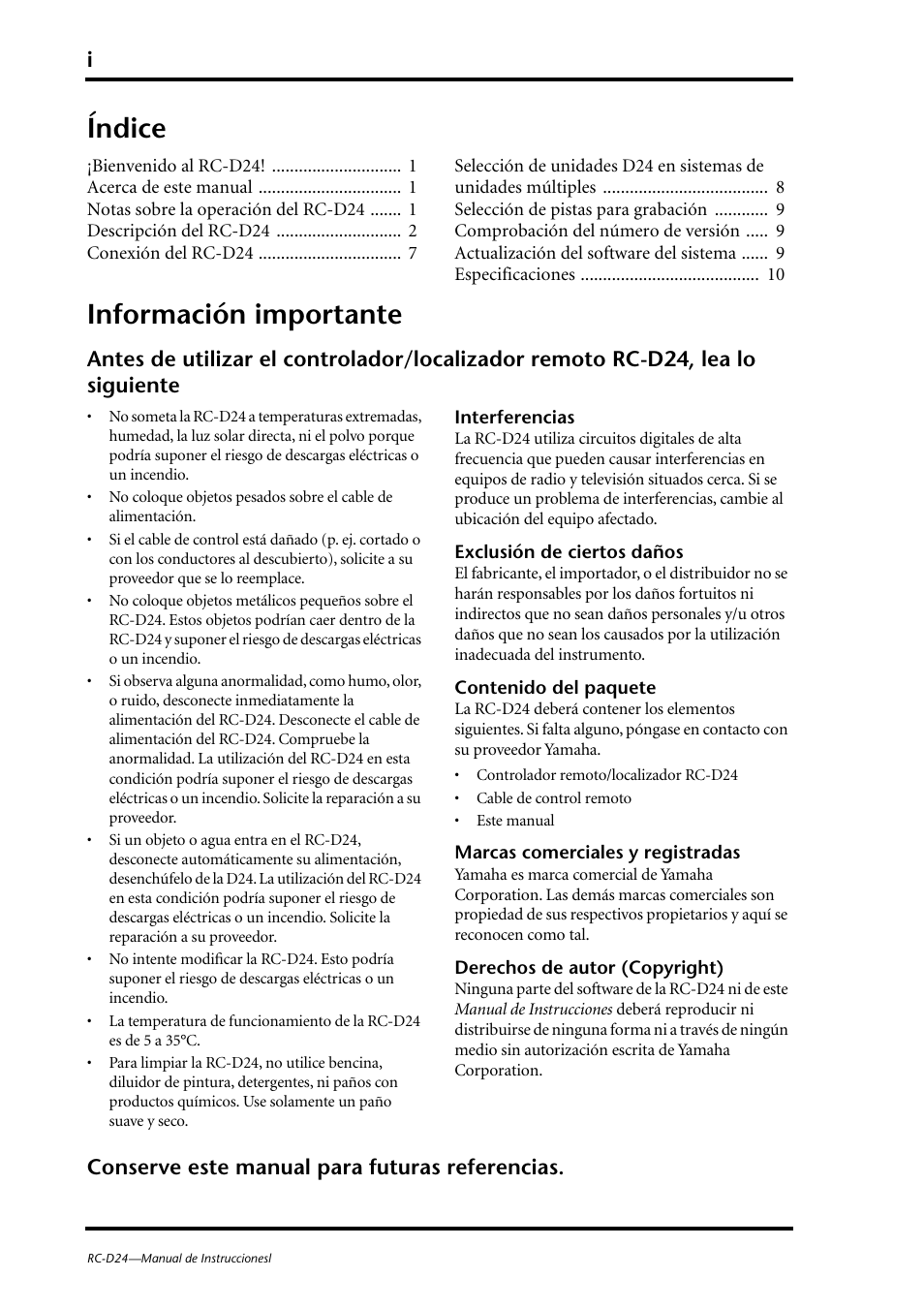 Índice, Información importante, Conserve este manual para futuras referencias | Yamaha RC-D24 User Manual | Page 39 / 62