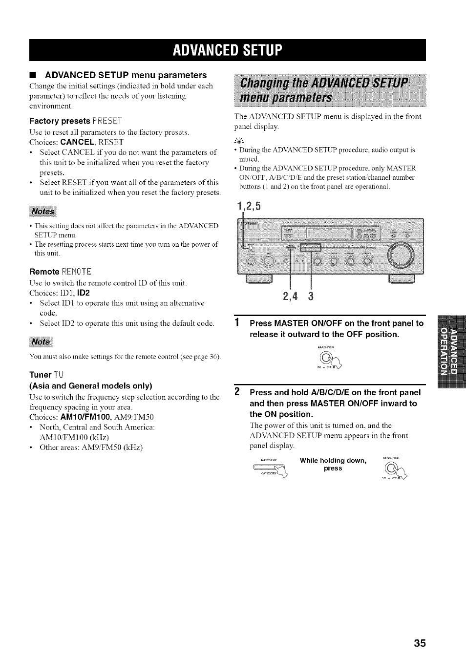 Advanced setup, Factory presets ! s i ' ! t, Notes | Note, Tuner ! i.i, Asia and general models only), Changing the advanced setup menu parameters, I-.., s | Yamaha RX-497 User Manual | Page 39 / 53