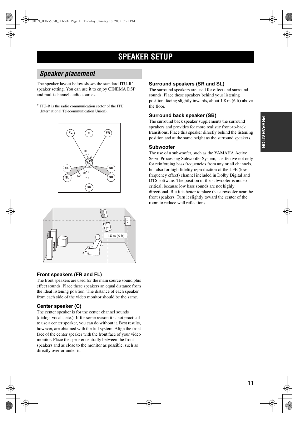 Speaker setup, Speaker placement | Yamaha HTR-5850 User Manual | Page 15 / 91