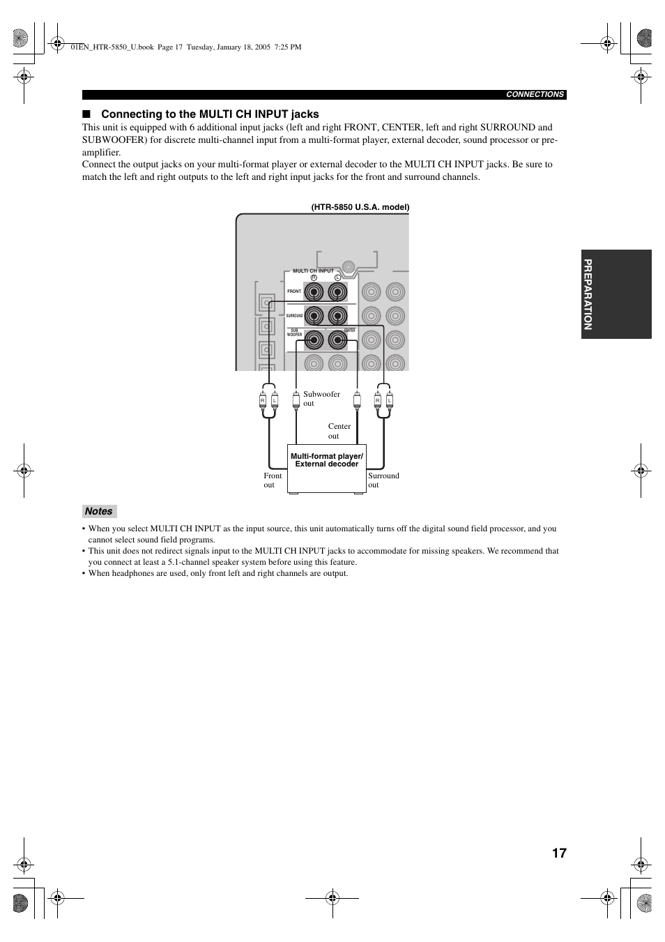Connecting to the multi ch input jacks, Prep ara tion | Yamaha HTR-5850 User Manual | Page 21 / 91